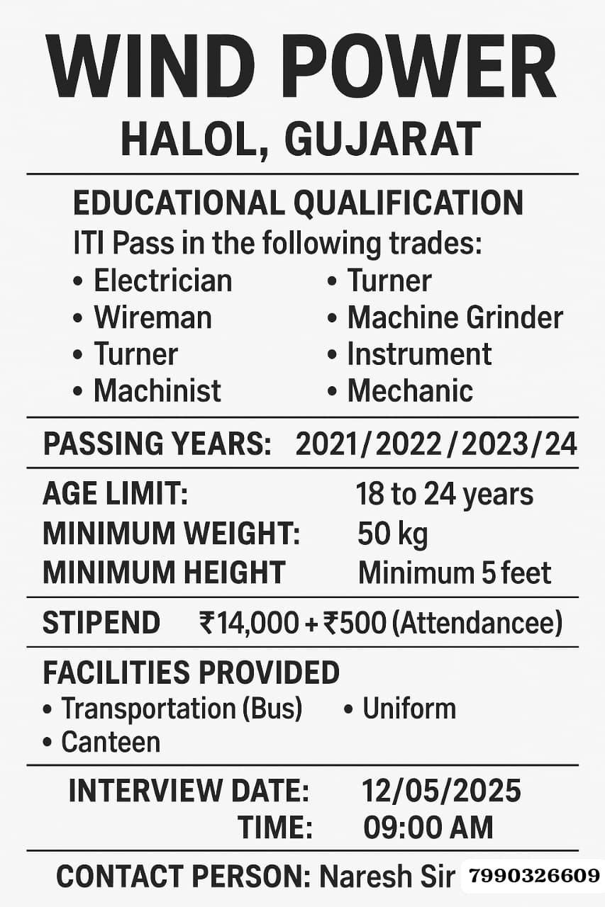 Wind Blade Manufacturing Jobs 2025 | Jobs in Vadodara | 500 jobs Vadodara Jobs in Vadodara